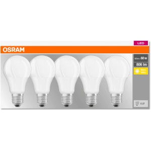 Set 5 lampadine LED Osram E27, forma a bulbo, 8.5W, luce calda.