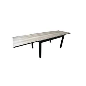 Tavolo da giardino allungabile t.b.t. con piano grigio-marrone e struttura nera.