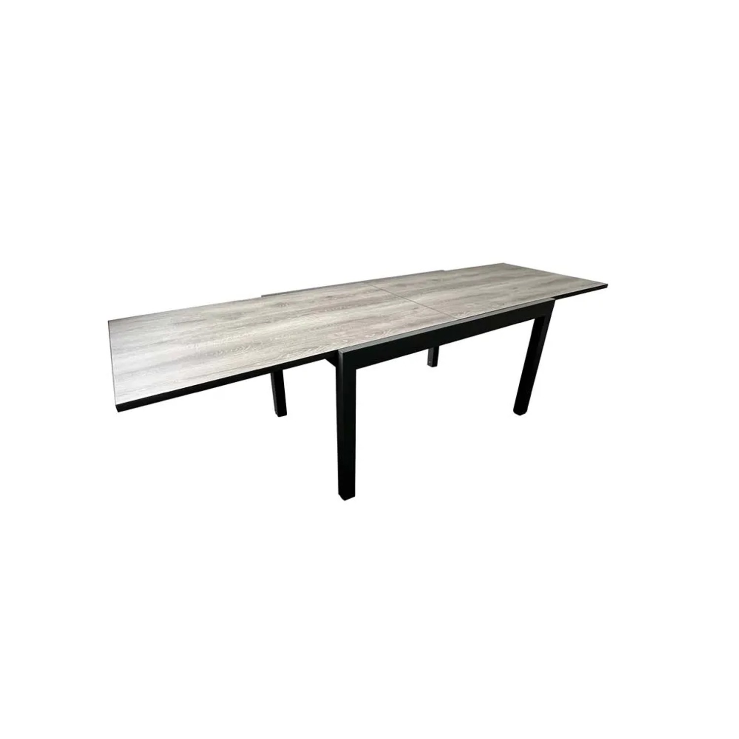 Tavolo da giardino allungabile t.b.t. con piano grigio-marrone e struttura nera.