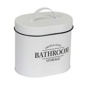 Contenitore bianco per accessori bagno con coperchio e manico, scritta "Bathroom Storage".