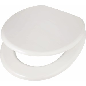 Sedile WC Cajon bianco con anima in legno e robuste cerniere in metallo.