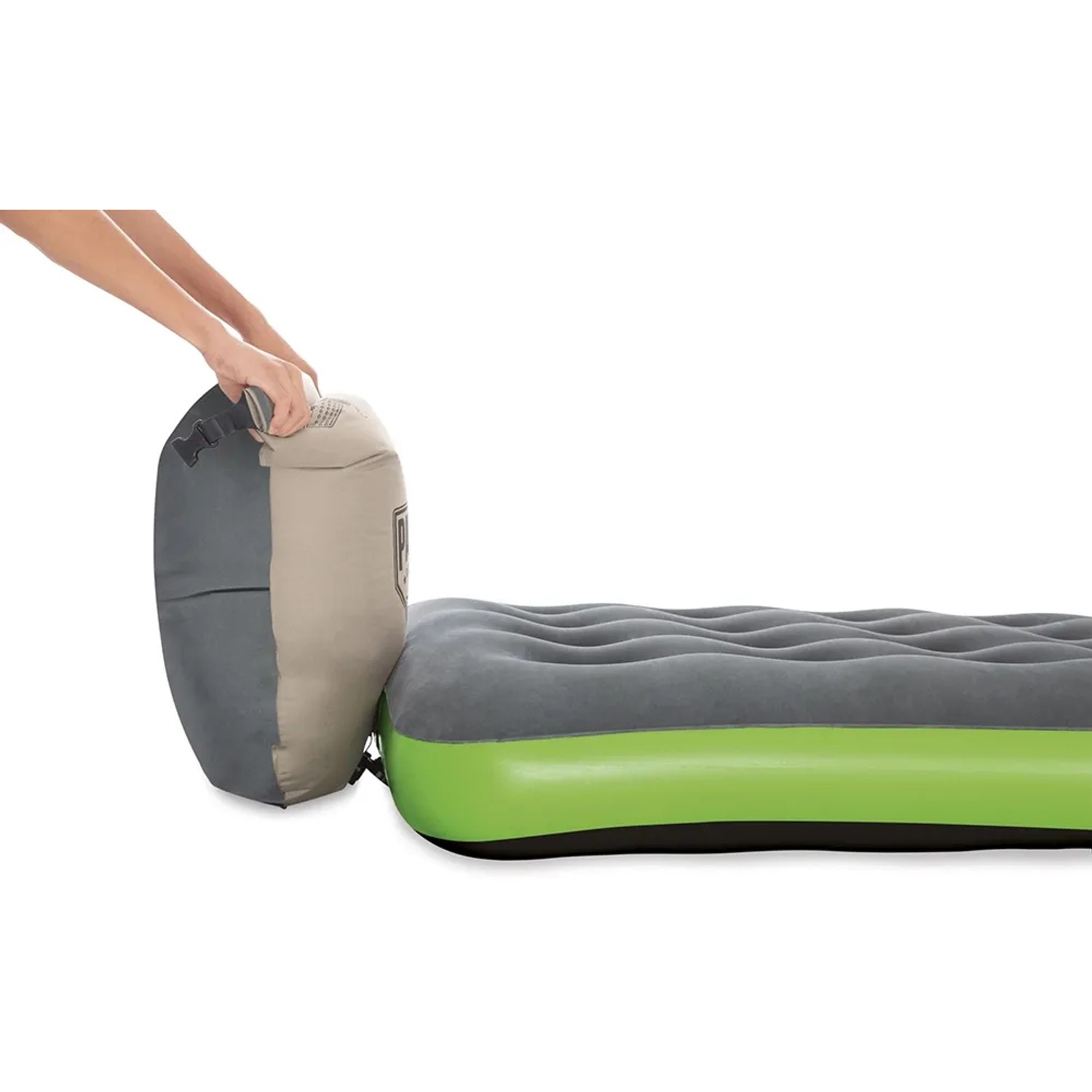 Pavillo materasso ad aria con pompa a cuscino Roll & Relax, grigio/verde, materasso gonfiabile da campeggio con pompa.