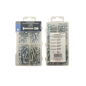 Set di bulloni a testa esagonale e dadi, assortiti in una scatola trasparente.