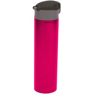 Borraccia termica rosa per campeggio con coperchio grigio.