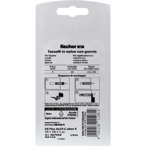 Fischer Tassello SX Plus 4x20, nylon con gancio, adatto per mattone pieno e forato.