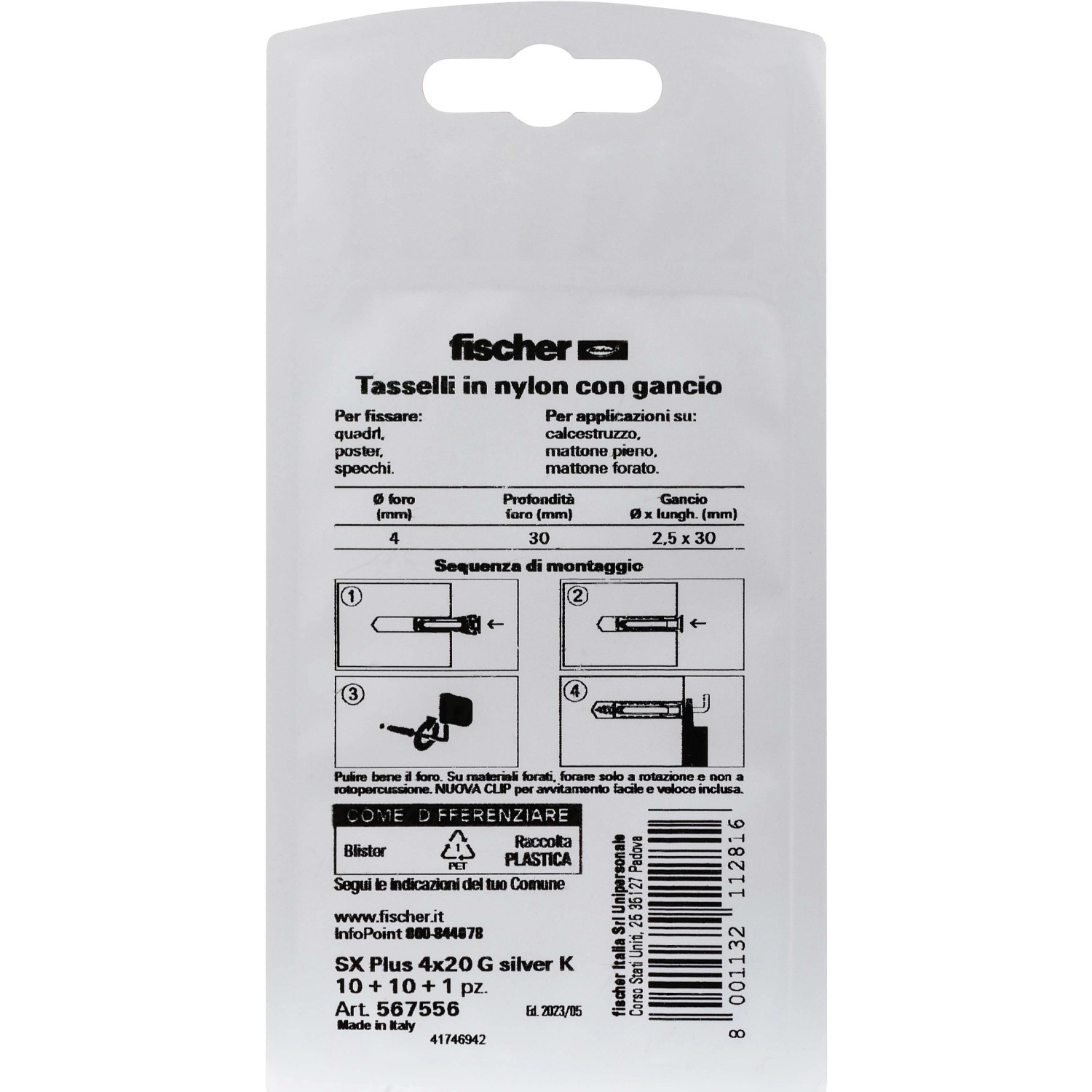 Fischer Tassello SX Plus 4x20, nylon con gancio, adatto per mattone pieno e forato.