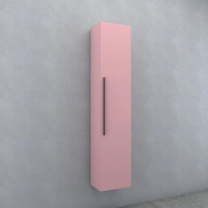 Mobile bagno sospeso rosa con maniglia lunga e scura.