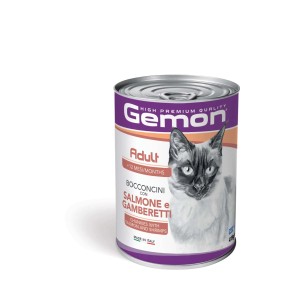 Lattina di cibo per gatti Gemon con salmone e gamberetti per gatti adulti.