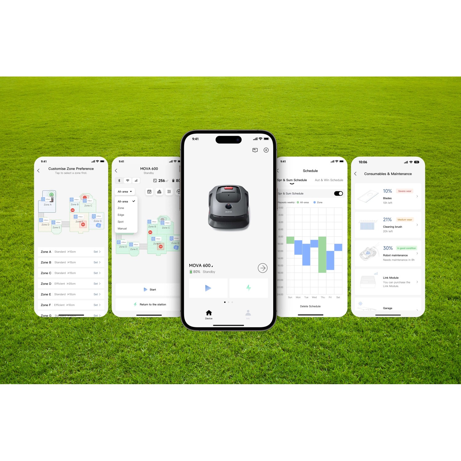 Smartphone con schermate dell'app per robot tagliaerba t.b.t. su prato.