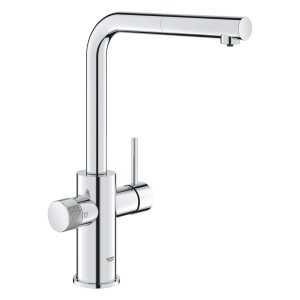 Miscelatore cucina Grohe Blue Pure in argento con bocca alta e maniglia separata per acqua filtrata.
