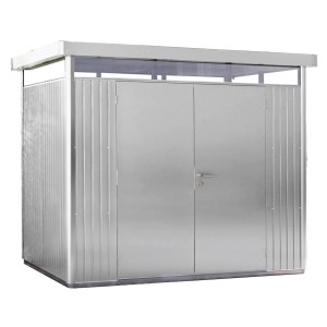Casetta da giardino in metallo Biohort HighLine color argento metallizzato con doppia porta e tetto piatto.