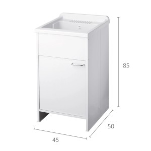 Mobile lavatoio bianco con anta e lavabo integrato.