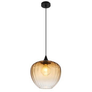 Lampada a sospensione t.b.t. con paralume in vetro ambrato.