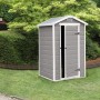 Casetta da giardino in plastica Keter Manor 4x3 grigio-bianca con porta aperta.