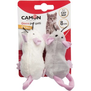 Topini giocattolo per gatti, bianco e grigio, con dettagli rosa. Giochi per gatti.