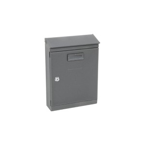 Cassetta postale grigia in metallo con serratura e finestra.
