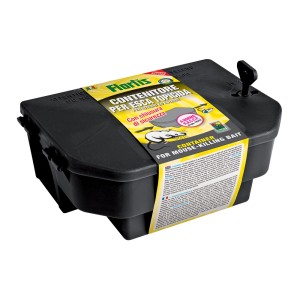 Contenitore nero per esche topicida, uso sicuro in giardino.