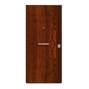 Porta blindata t.b.t. effetto legno con maniglia e spioncino.