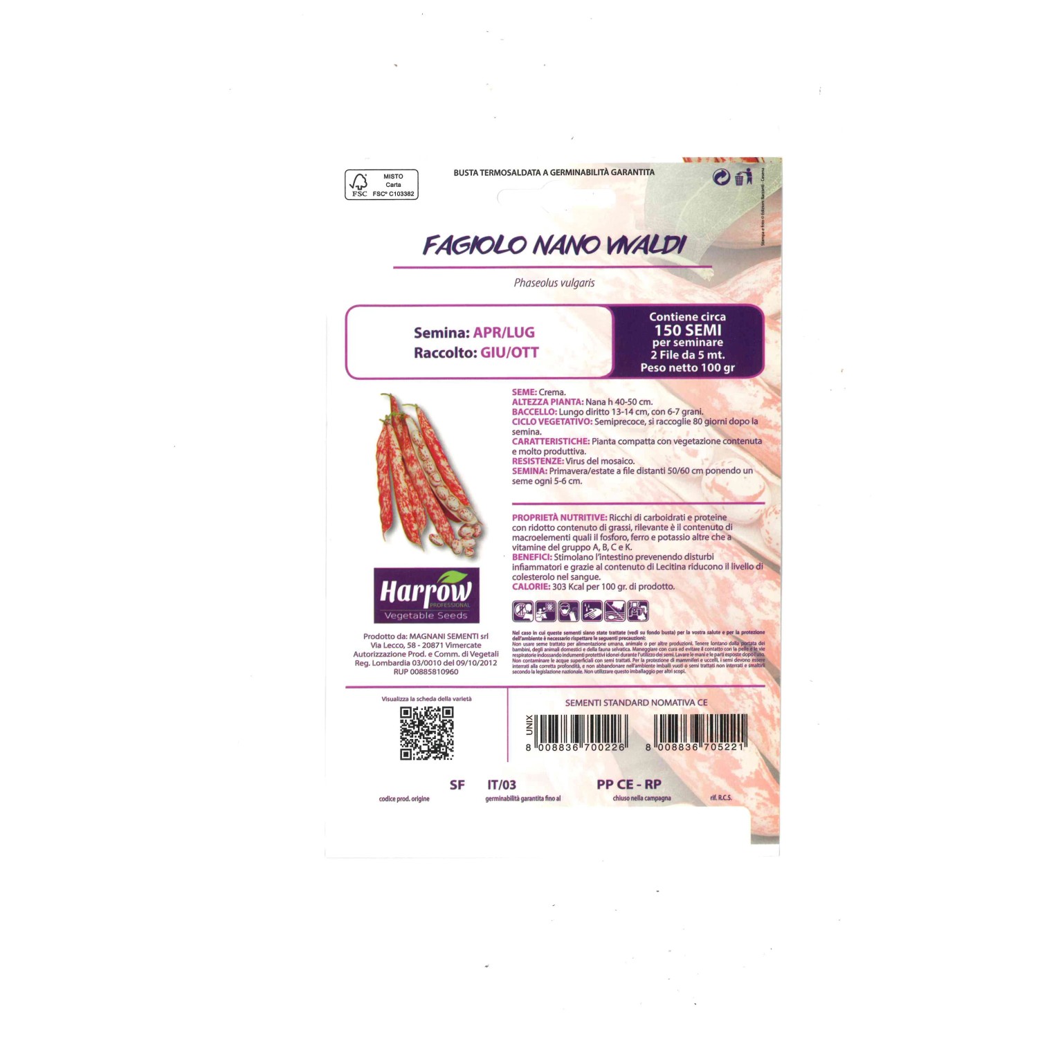 Confezione di semi di fagiolo nano (Fagiolo Nano Vivaldi) di Harrow. Ideale per l'orto.