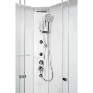 Dettaglio della cabina doccia idromassaggio t.b.t. con soffione e comandi.