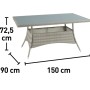 Tavolo da giardino grigio in rattan con piano in vetro, dimensioni: 150x90x72,5 cm.