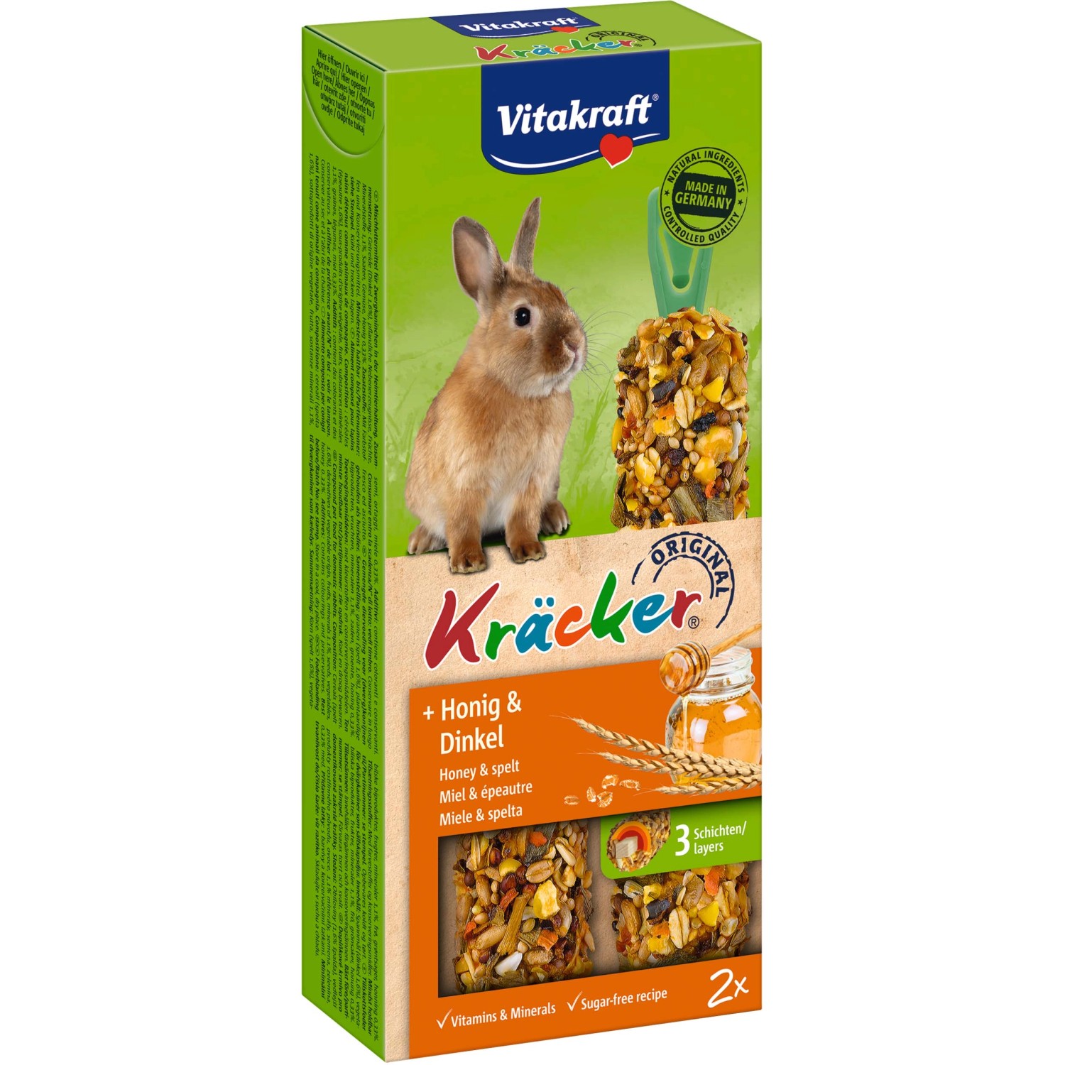 Vitakraft Kräcker Miele & Farro per conigli, 2 pezzi. Bastoncini da rosicchiare con cereali e miele.