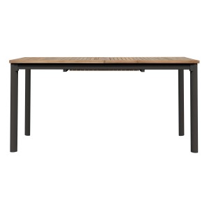 Tavolo da giardino rettangolare con piano in legno e struttura in metallo scuro.