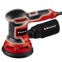 Levigatrice rotorbitale Einhell TC-RS 425 E, macchina levigatrice rossa e nera con sacchetto raccoglipolvere.