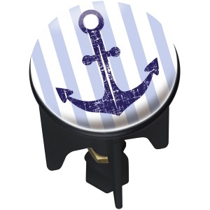 Wenko Tappo lavandino Pluggy Sailor con ancora blu su sfondo a righe bianche e blu.