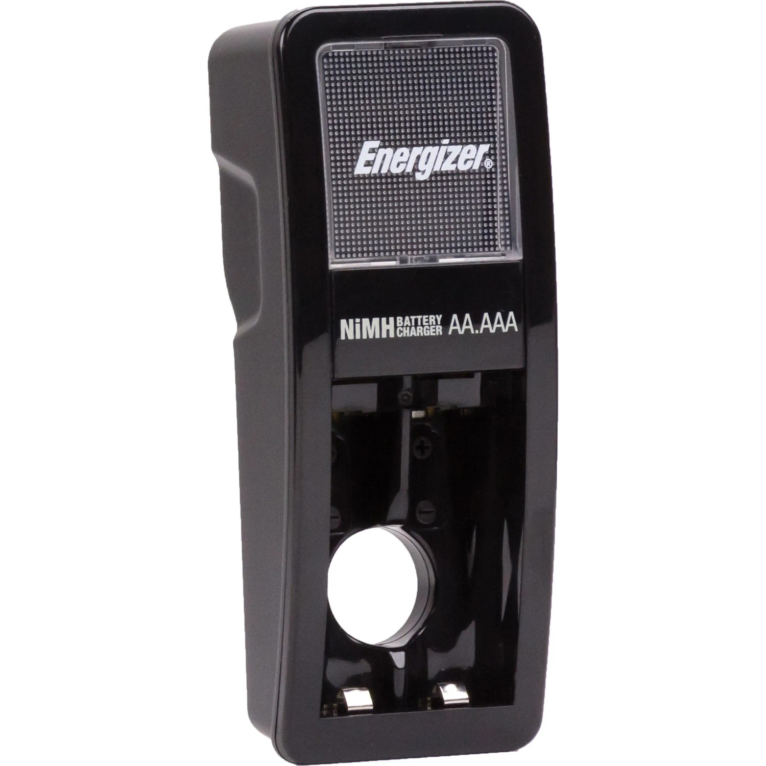 Mini caricabatterie Energizer con 2 batterie AA. Caricabatterie compatto per batterie AA/AAA NiMH.