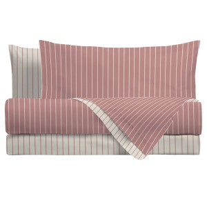 Set di lenzuola t.b.t. con motivo a righe rosa e bianco.