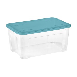 Contenitore trasparente con coperchio blu. Ideale per lo stoccaggio e l'organizzazione.