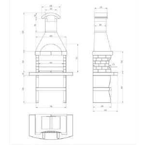 Disegno tecnico di un barbecue in muratura t.b.t. con dimensioni.