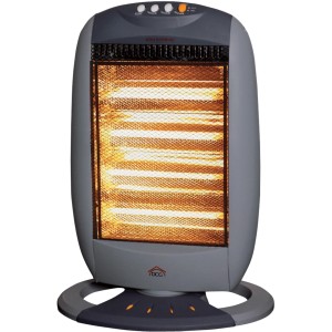 Stufa elettrica t.b.t. grigia con elementi riscaldanti e base rotonda per interni.