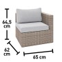Dettaglio della poltrona angolare del set lounge Olea Compact in polyrattan con cuscini grigio chiaro e dimensioni.