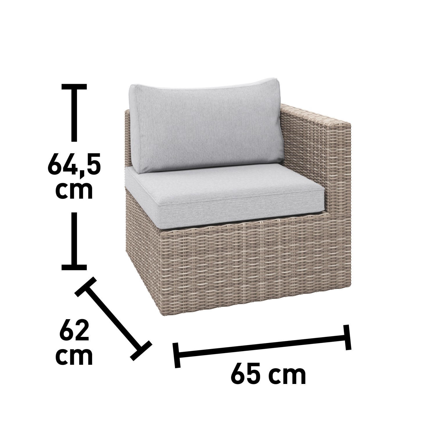 Dettaglio della poltrona angolare del set lounge Olea Compact in polyrattan con cuscini grigio chiaro e dimensioni.