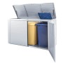 Box da giardino Biohort HighBoard 160 color argento metallizzato con coperchio aperto e due bidoni della spazzatura.