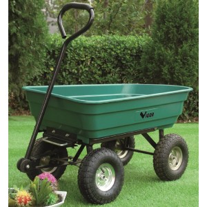 Carrello da giardino verde Vigor con ruote nere e manico per accessori trattore.