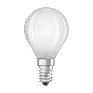 Lampadina LED E14 con bulbo in vetro smerigliato a forma di goccia.