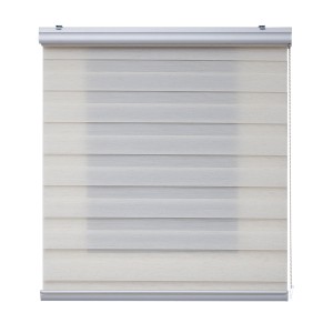 Tenda a rullo t.b.t., a strisce beige e bianche, per decorazione finestre e protezione solare.