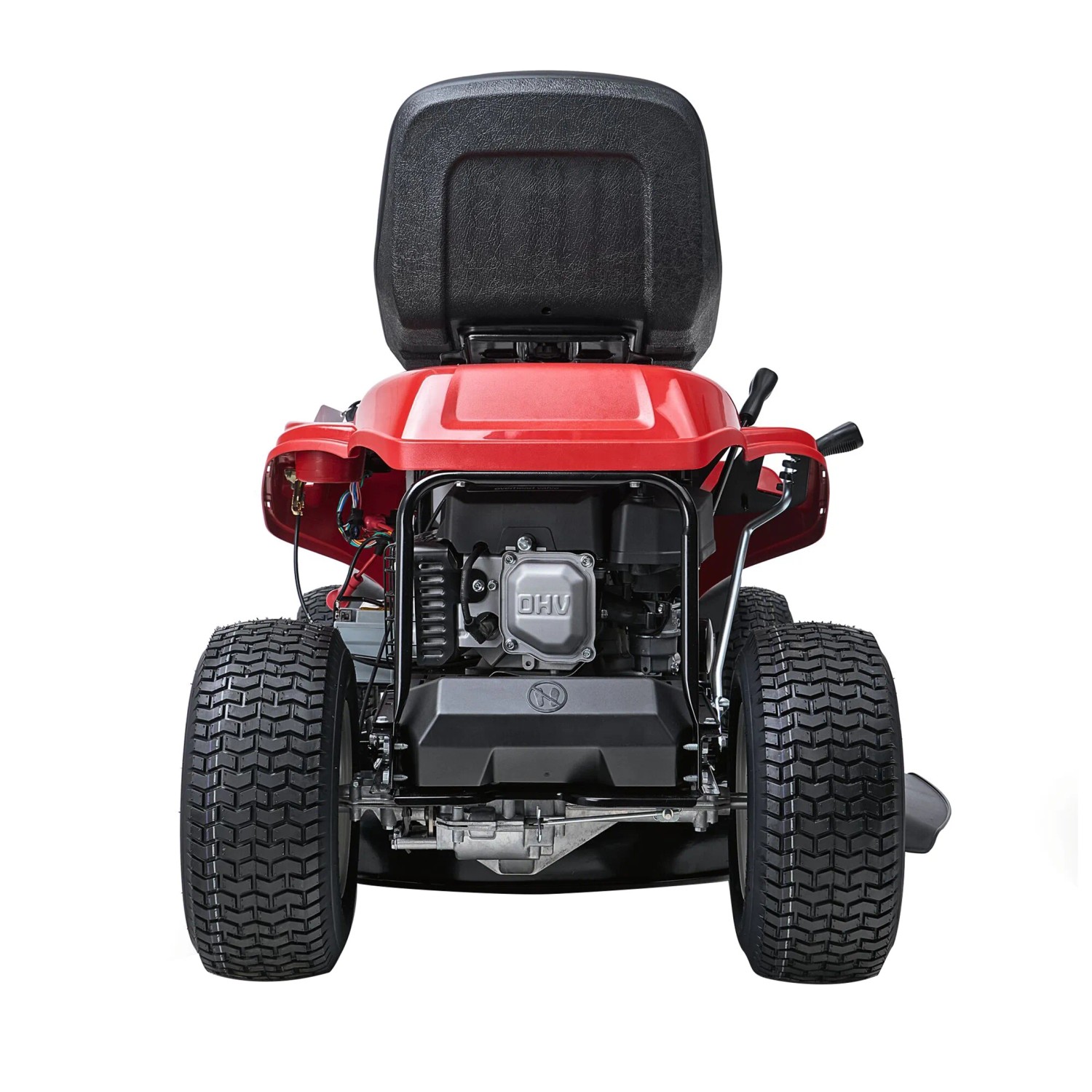 Vista posteriore del tosaerba rider Troy-Bilt Mini-Rider 76T-S rosso.