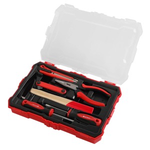 Set di attrezzi t.b.t. con cacciaviti, pinze, taglierino e lima in valigetta rossa.