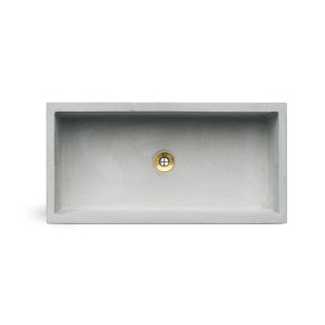 Ciotola rettangolare per fontana da giardino in cemento con scarico dorato.