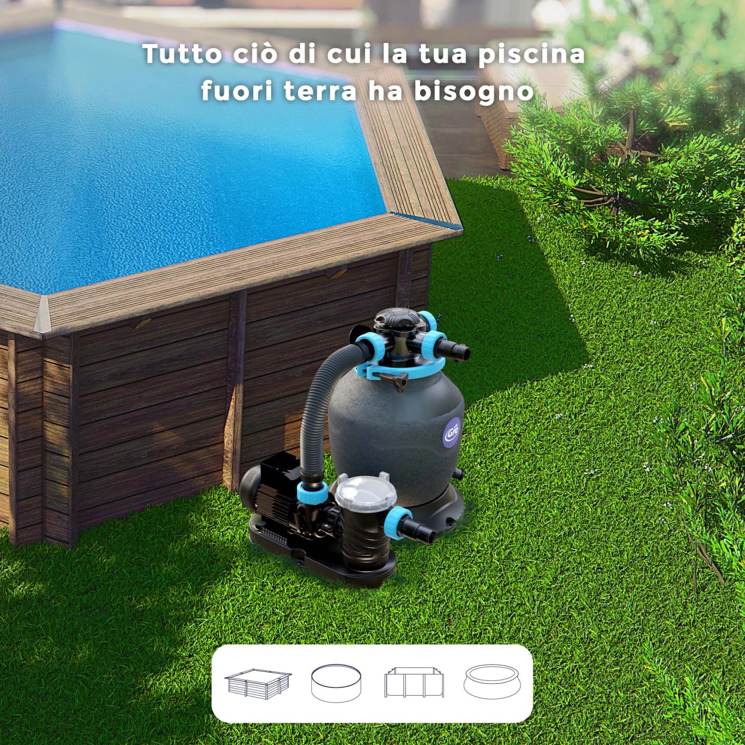 Sistema di filtraggio a sabbia Gre Ø 320 mm, filtro a sabbia nero per piscina accanto alla piscina sul prato.