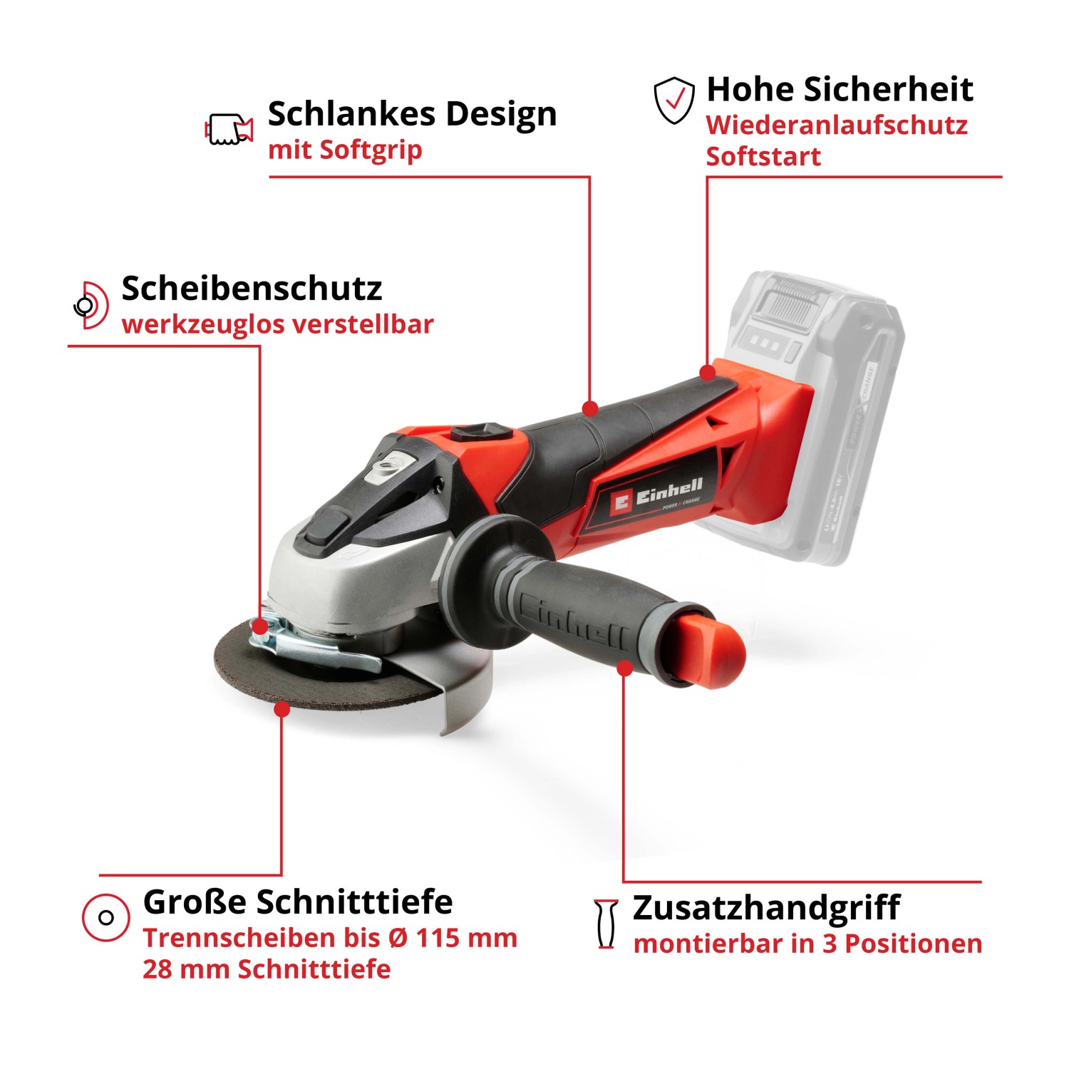 Smerigliatrice angolare a batteria Einhell Power X-Change TE-AG 18/115 Li Solo, rosso/nero, con impugnatura supplementare. Membro della famiglia Power X-Change.