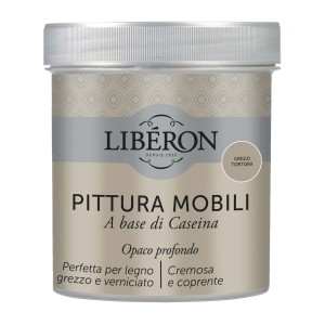 Barattolo di vernice per mobili 'Grigio Tortora' di Liberon. Pittura cremosa e coprente per mobili in legno.