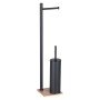 Set WC nero con portacarta igienica e scopino su base in legno.