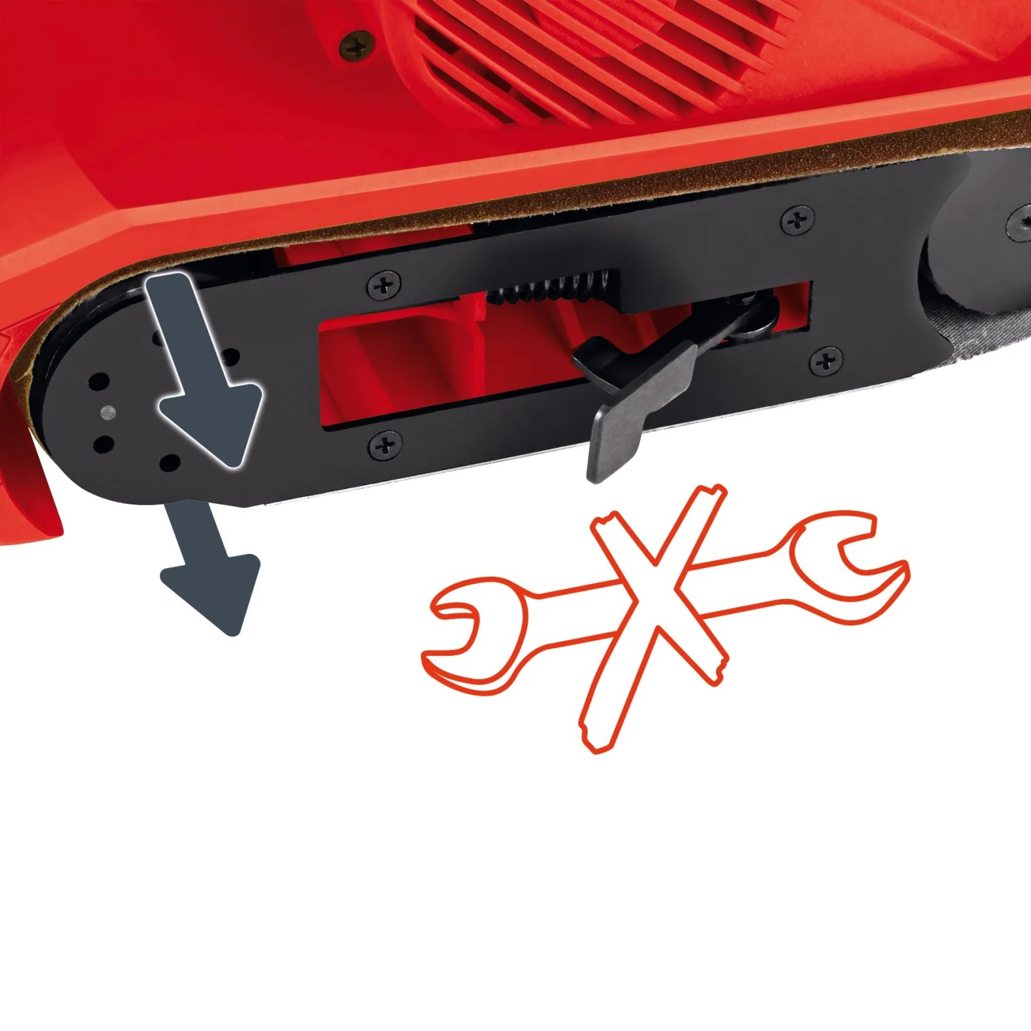 Dettaglio della levigatrice a nastro Einhell TC-BS 8038 con regolazione del nastro.