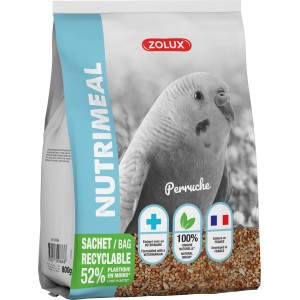 Confezione di mangime per pappagalli Zolux Nutrimeal. Sacchetto riciclabile con immagine di un pappagallino.