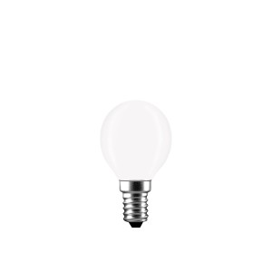 Lampadina LED E14 bianca con corpo illuminante rotondo.